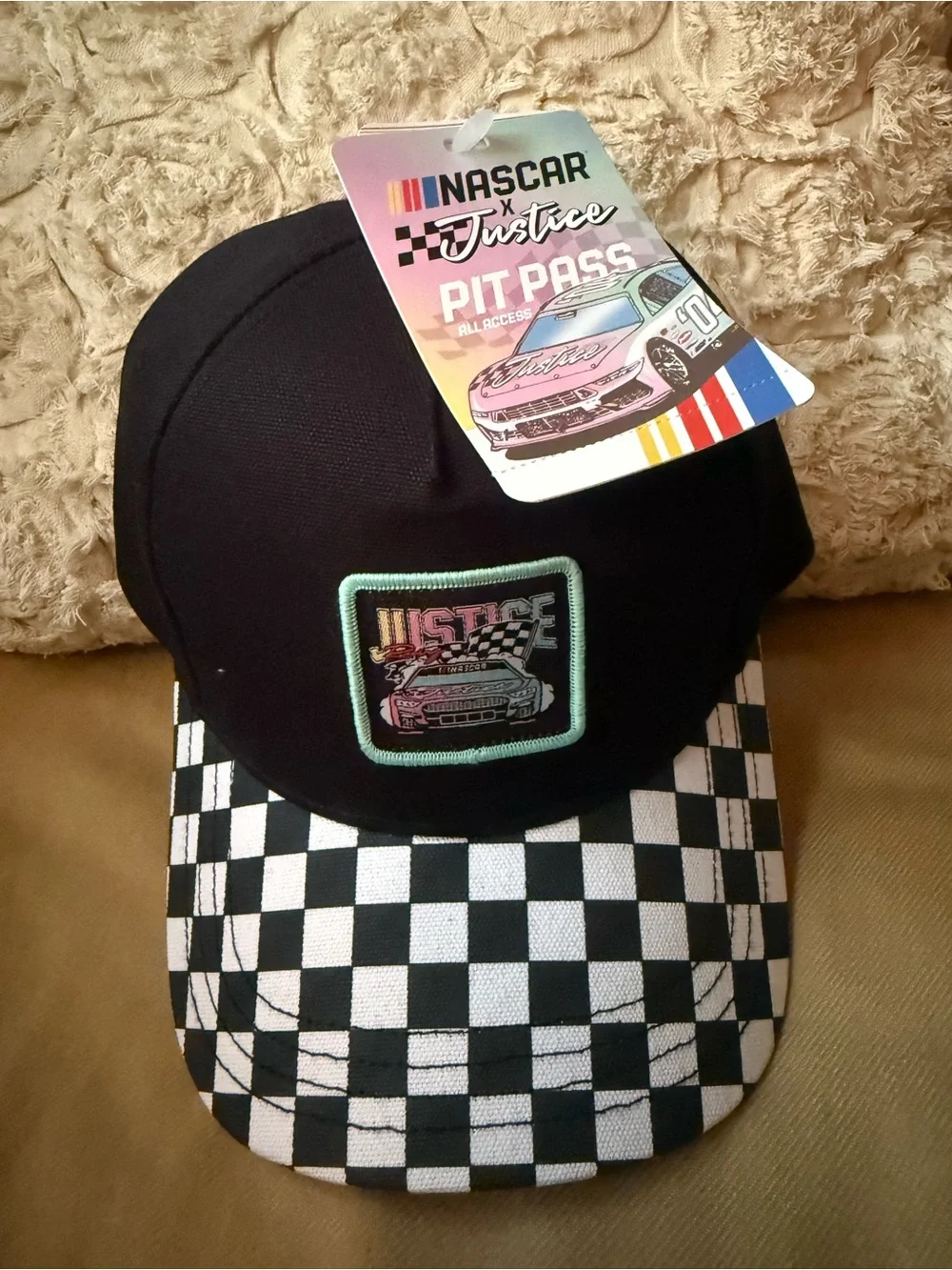 Nascar Kids Black Cap with Checkered Brim and Mint Patch